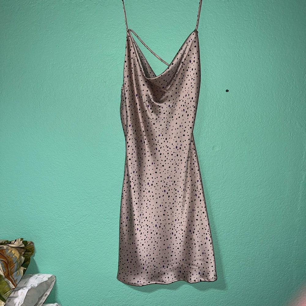 Lovely Day Taupe Satin Slip Dress with Black and Lavender Dot Print